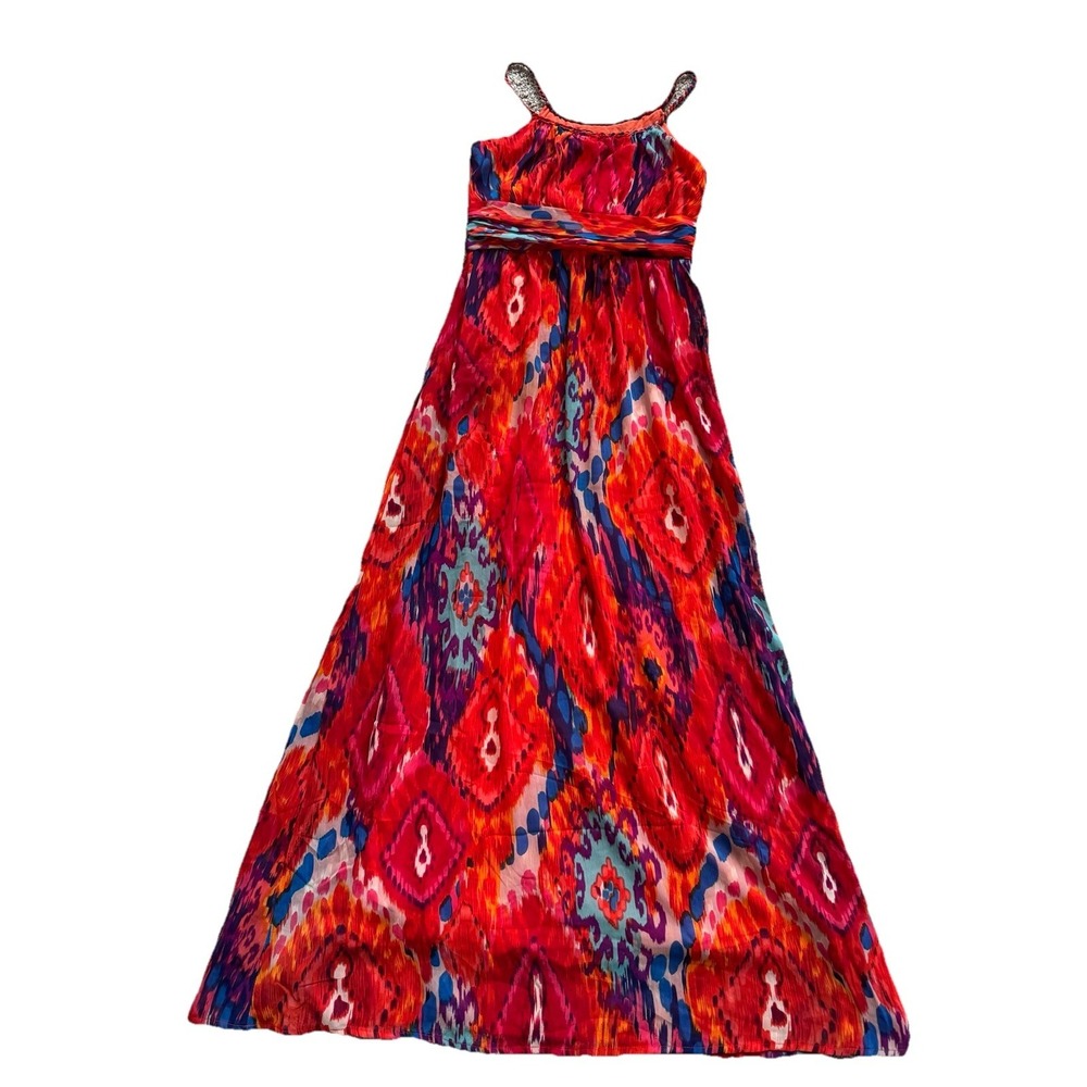 Max Women Vibrant Pink Orange Tribal Print Chiffon Braided Strap Maxi Dress Sz S